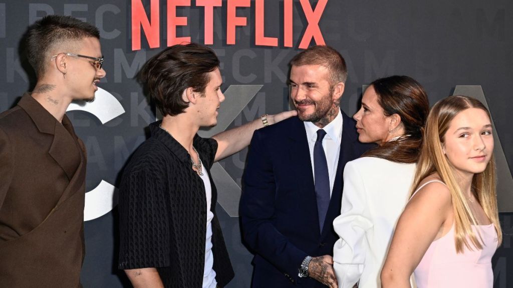 Romeo Beckham, Cruz Beckham, David Beckham, Victoria Beckham and Harper Beckham attend the Netflix 'Beckham' UK Premiere at The Curzon Mayfair on October 03, 2023 in London, England.