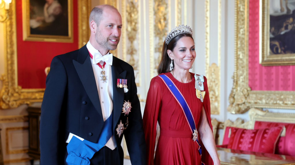 Prince William, Prince of Wales and Catherine, Princess of Wales attend the State Banquet at Windsor Castle on July 08, 2025 in Windsor, England. President Emmanuel Macron and Mrs Brigitte Macron visit the UK in the first visit State Visit made by France in 17 years. They are staying at Windsor Castle, hosted by King Charles III and Queen Camilla, and a banquet will be held there in their honour. The Macrons will visit Imperial College, and the President will address Parliament during his stay.