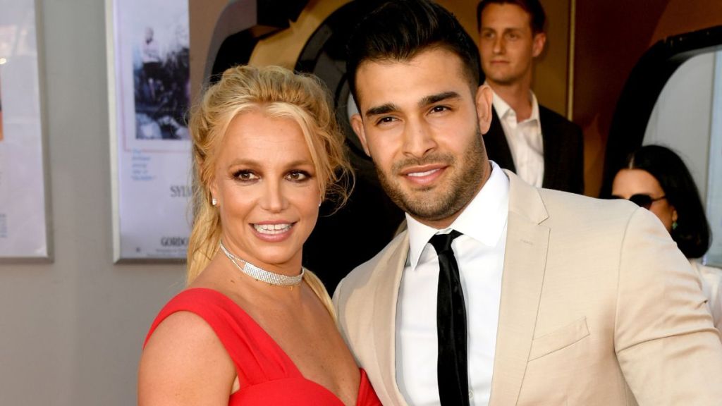 Britney Spears and Sam Asghari arrive at the premiere of Sony Pictures' "One Upon A Time...In Hollywood" at the Chinese Theatre on July 22, 2019 in Hollywood, California.