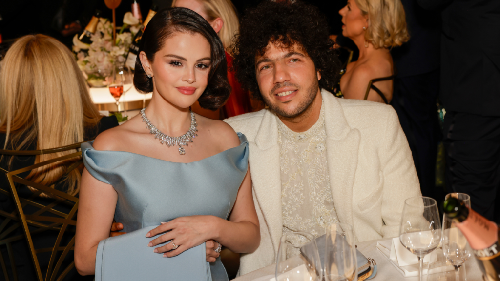 Selena Gomez and Benny Blanco attend the 82nd Annual Golden Globe Awards at The Beverly Hilton on January 05, 2025 in Beverly Hills, California.