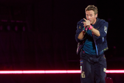 Chris Martin of Coldplay performs at Rogers Stadium on July 07, 2025 in Toronto, Ontario.