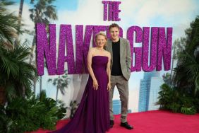 Liam Neeson and Pamela Anderson attend the "The Naked Gun" UK Premiere at Cineworld Leicester Square on July 22, 2025 in London, England.