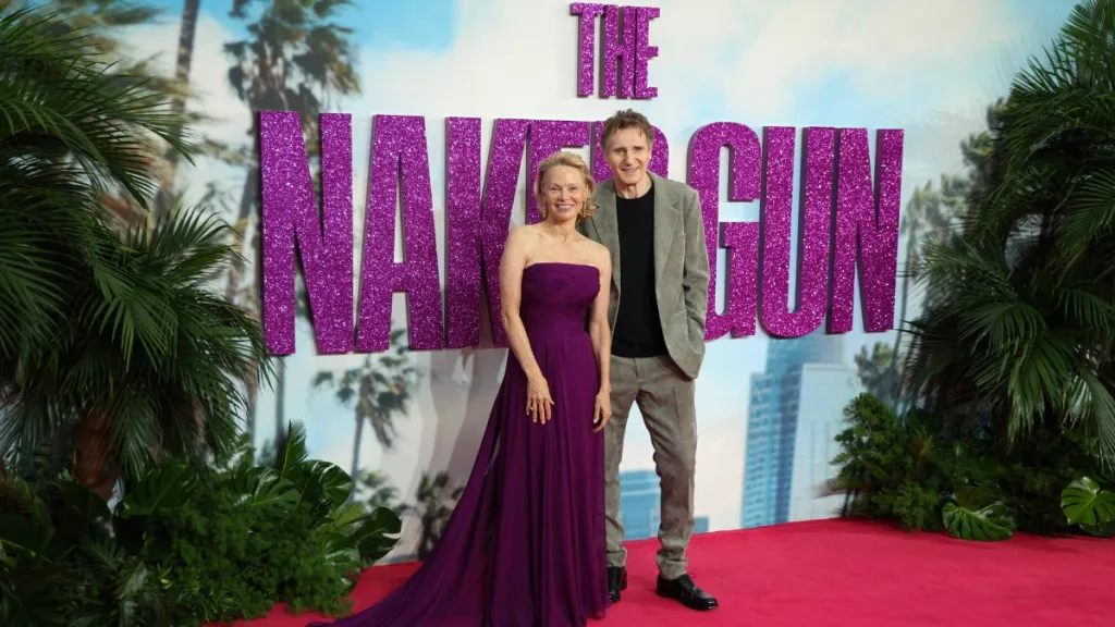 Liam Neeson and Pamela Anderson attend the "The Naked Gun" UK Premiere at Cineworld Leicester Square on July 22, 2025 in London, England.
