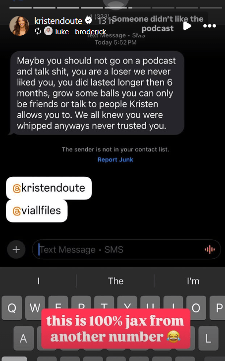A screenshot of a text message slamming Luke Broderick