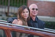 Jeff Bezos and Lauren Sanchez are seen leaving the Aman Hotel for a party at the Arsenale on June 28, 2025 in Venice, Italy