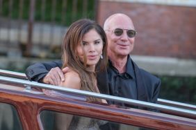 Jeff Bezos and Lauren Sanchez are seen leaving the Aman Hotel for a party at the Arsenale on June 28, 2025 in Venice, Italy