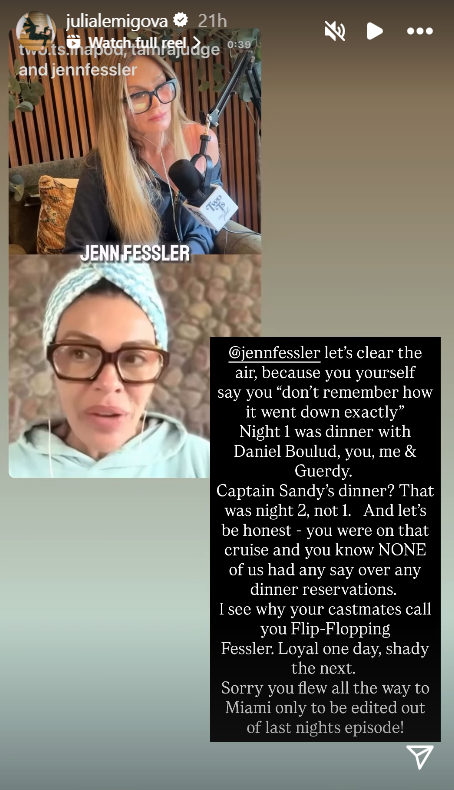 Julia Lemigova criticizing Jenn Fessler via Instagram 