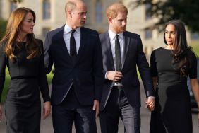 Catherine, Princess of Wales, Prince William, Prince of Wales, Prince Harry, Duke of Sussex, and Meghan, Duchess of Sussex on the long Walk at Windsor Castle on September 10, 2022 in Windsor, England. Crowds have gathered and tributes left at the gates of Windsor Castle to Queen Elizabeth II, who died at Balmoral Castle on 8 September, 2022