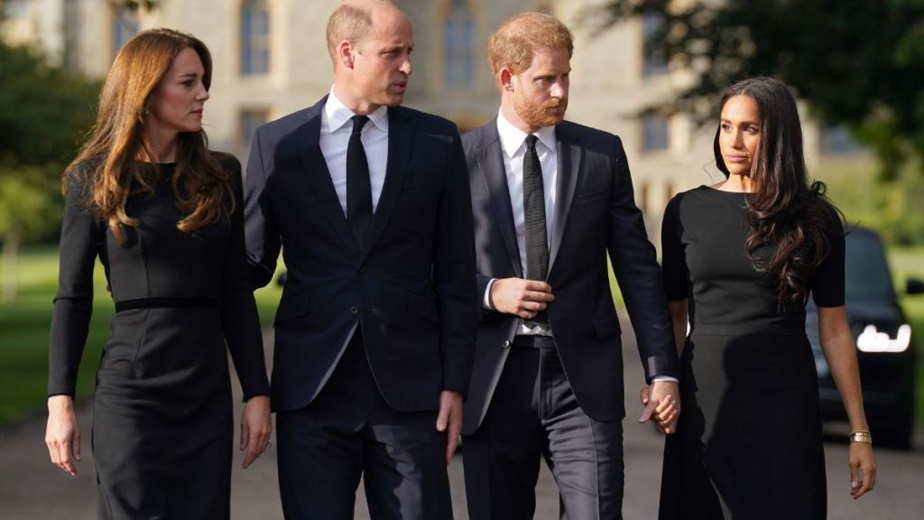 Catherine, Princess of Wales, Prince William, Prince of Wales, Prince Harry, Duke of Sussex, and Meghan, Duchess of Sussex on the long Walk at Windsor Castle on September 10, 2022 in Windsor, England. Crowds have gathered and tributes left at the gates of Windsor Castle to Queen Elizabeth II, who died at Balmoral Castle on 8 September, 2022