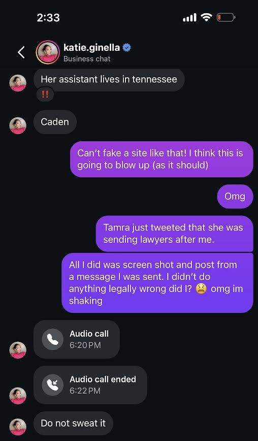 A screenshot of Katie Ginella's conversation with BravoBabe