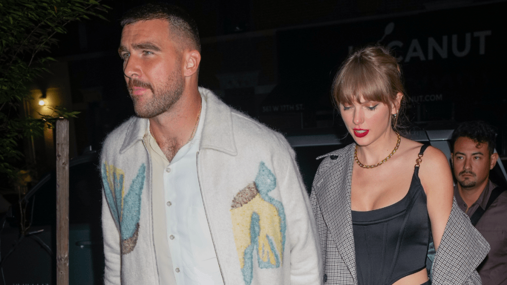 Travis Kelce and Taylor Swift are seen leaving the SNL after party on October 15, 2023 in New York, New York