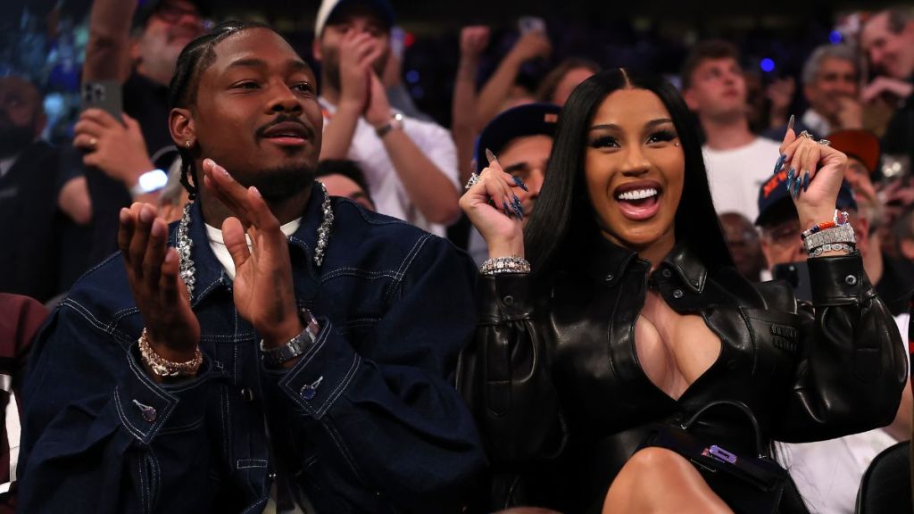 NFL Player Stefon Diggs and rapper Cardi B sits court-side during the first quarter in Game Four of the Eastern Conference Second Round NBA Playoffs between the Boston Celtics and the New York Knicks at Madison Square Garden on May 12, 2025 in New York City.