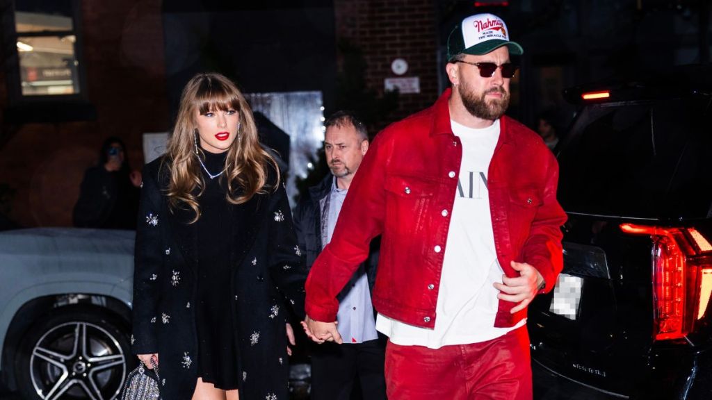 Taylor Swift (L) and Travis Kelce are seen in the Meatpacking District on December 28, 2024 in New York City