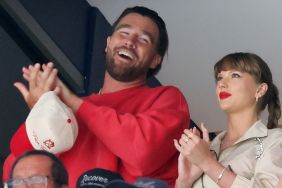 Travis Kelce, left, and Taylor Swift react as the Edmonton Oilers and the Florida Panthers play during the first period in Game Four of the 2025 Stanley Cup Final at Amerant Bank Arena on June 12, 2025 in Sunrise, Florida