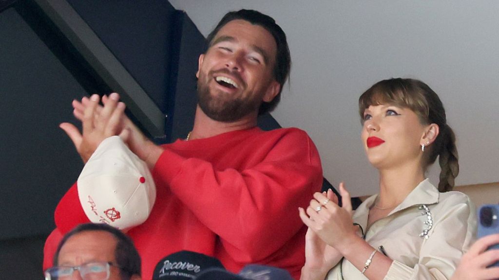 Travis Kelce, left, and Taylor Swift react as the Edmonton Oilers and the Florida Panthers play during the first period in Game Four of the 2025 Stanley Cup Final at Amerant Bank Arena on June 12, 2025 in Sunrise, Florida