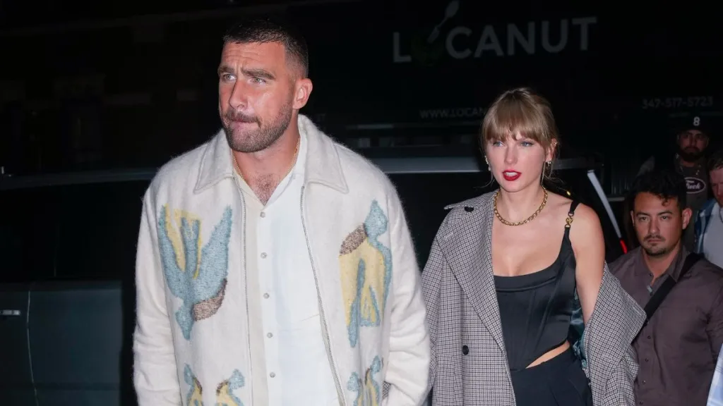 Travis Kelce and Taylor Swift arrive at SNL Afterparty on October 15, 2023 in New York City