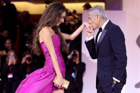 Amal Clooney and George Clooney attend the "Jay Kelly" red carpet during the 82nd Venice International Film Festival on August 28, 2025 in Venice, Italy.