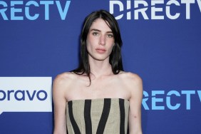 Georgia McCann in a beige and black striped dress at a DIRECTV event