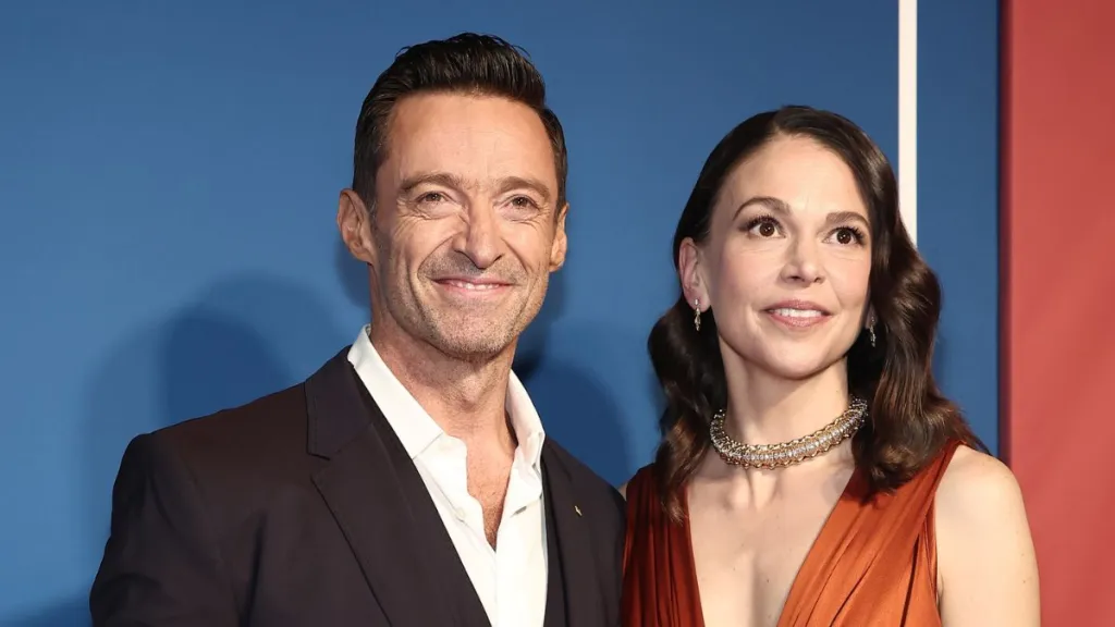 Hugh Jackman and Sutton Foster attend the opening night of "The Music Man" at Winter Garden Theatre on February 10, 2022 in New York City