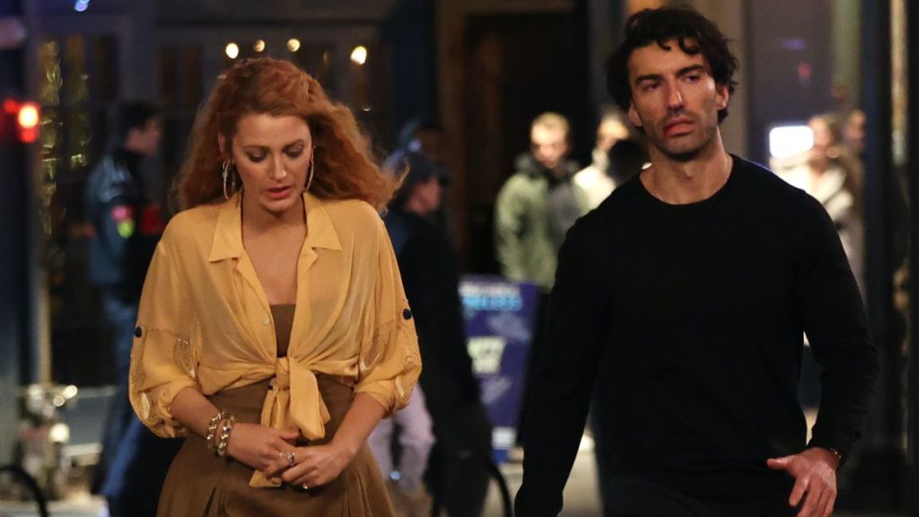 Blake Lively and Justin Baldoni are seen on the set of 'It Ends with Us' on January 12, 2024 in Jersey City, New Jersey