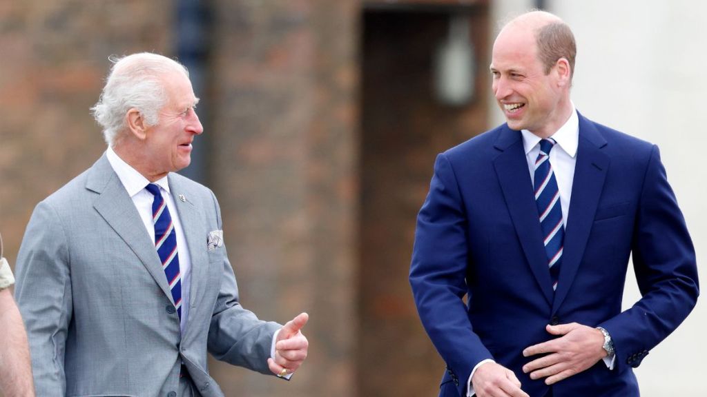 King Charles III and Prince William, Prince of Wales (both wearing the regimental tie of the Army Air Corps) attend the official handover during which The King passes the role of Colonel-in-Chief of the Army Air Corps to The Prince of Wales and presents him with the blue beret and belt of the Army Air Corps at the Army Aviation Centre, Middle Wallop on May 13, 2024 in Stockbridge, England.
