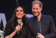 Prince Harry, Duke of Sussex and Meghan, Duchess of Sussex speak on stage at the "Friends @ Home Event" at the Station Airport during day three of the Invictus Games Düsseldorf 2023 on September 12, 2023 in Duesseldorf, Germany