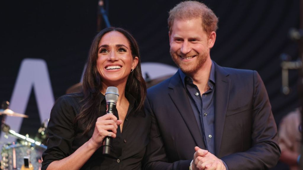 Prince Harry, Duke of Sussex and Meghan, Duchess of Sussex speak on stage at the "Friends @ Home Event" at the Station Airport during day three of the Invictus Games Düsseldorf 2023 on September 12, 2023 in Duesseldorf, Germany