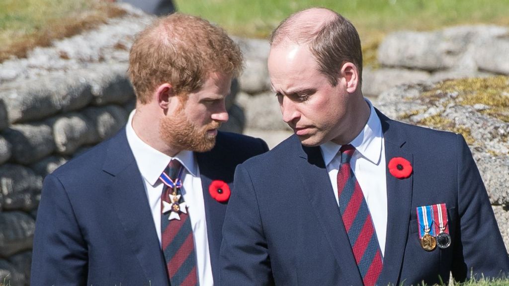 Prince William, Duke of Cambridge and Prince Harry walk through a trench during the commemorations for the 100th anniversary of the battle of Vimy Ridge on April 9, 2017 in Lille, France