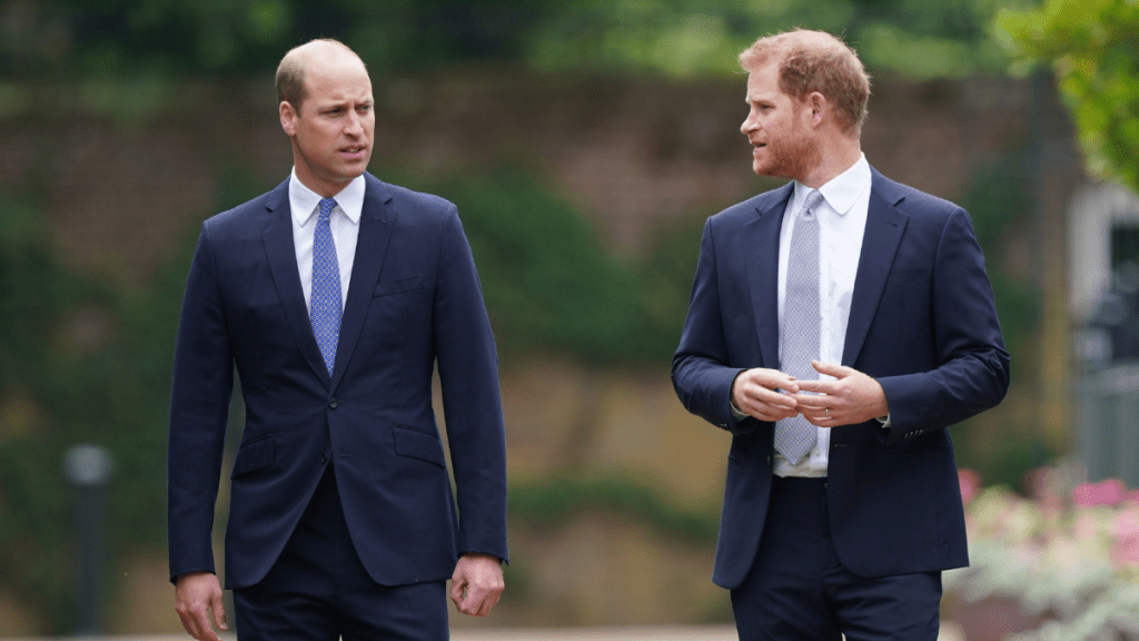 Prince William, Duke of Cambridge (left) and Prince Harry, Duke of Sussex arrive for the unveiling of a statue they commissioned of their mother Diana, Princess of Wales, in the Sunken Garden at Kensington Palace, on what would have been her 60th birthday on July 1, 2021 in London, England. Today would have been the 60th birthday of Princess Diana, who died in 1997. At a ceremony here today, her sons Prince William and Prince Harry, the Duke of Cambridge and the Duke of Sussex respectively, will unveil a statue in her memory.