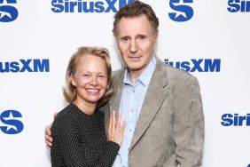 Pamela Anderson and Liam Neeson attend SiriusXM's Town Hall with the cast of "The Naked Gun" hosted by Andy Cohen at SiriusXM Studios on July 30, 2025 in New York City.