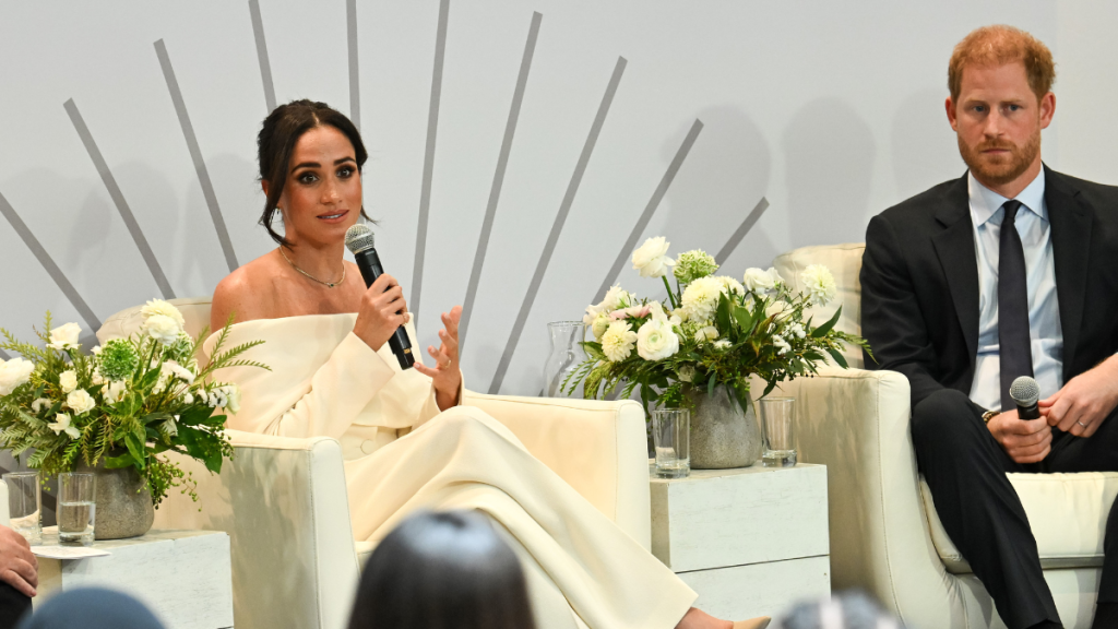 Meghan, Duchess of Sussex and Prince Harry, Duke of Sussex speak onstage at The Archewell Foundation Parents’ Summit: Mental Wellness in the Digital Age during Project Healthy Minds' World Mental Health Day Festival 2023 at Hudson Yards on October 10, 2023 in New York City.