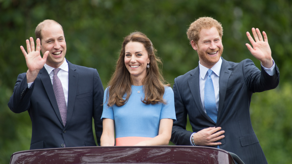 (L-R) Prince William, Duke of Cambridge, Catherine, Duchess of Cambridge and Prince Harry during "The Patron's Lunch" celebrations for The Queen's 90th birthday at The Mall on June 12, 2016 in London, England.