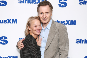 Pamela Anderson and Liam Neeson attend SiriusXM's Town Hall with the cast of "The Naked Gun" hosted by Andy Cohen at SiriusXM Studios on July 30, 2025 in New York City.