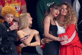 Rapper Ice Spice, singer Taylor Swift and actress Blake Lively prior to Super Bowl LVIII between the San Francisco 49ers and Kansas City Chiefs at Allegiant Stadium on February 11, 2024 in Las Vegas, Nevada.