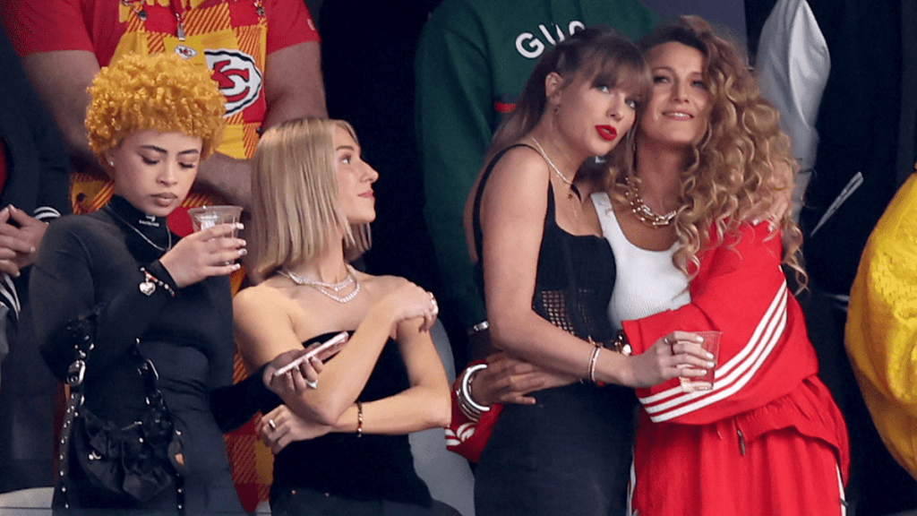 Rapper Ice Spice, singer Taylor Swift and actress Blake Lively prior to Super Bowl LVIII between the San Francisco 49ers and Kansas City Chiefs at Allegiant Stadium on February 11, 2024 in Las Vegas, Nevada.