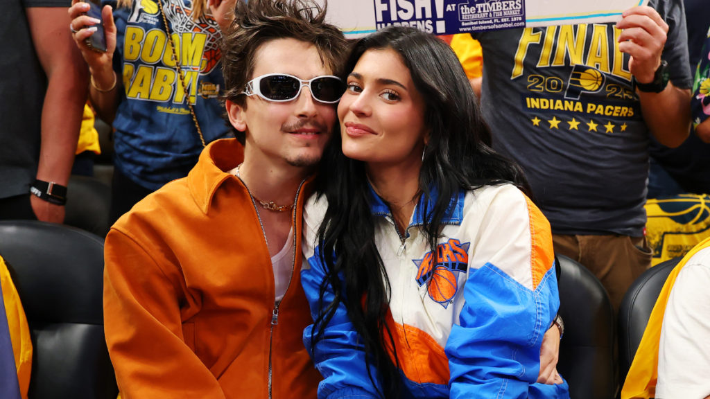 Timothee Chalamet and Kylie Jenner attend Game Six of the Eastern Conference Finals of the 2025 NBA Playoffs between the New York Knicks and the Indiana Pacers at Gainbridge Fieldhouse on May 31, 2025 in Indianapolis, Indiana.