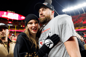 Tight end Travis Kelce #87 of the Kansas City Chiefs celebrates with Taylor Swift after the AFC Championship football game against the Buffalo Bills, at GEHA Field at Arrowhead Stadium on January 26, 2025 in Kansas City, Missouri.