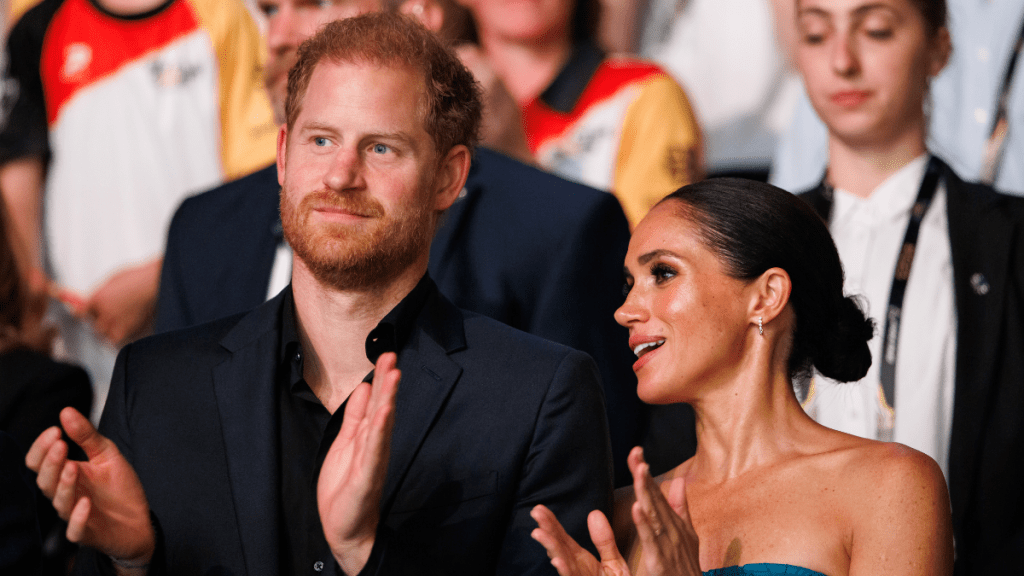 Prince Harry, Duke of Sussex and Meghan, Duchess of Sussex are seen during the closing ceremony of the Invictus Games Düsseldorf 2023 at Merkur Spiel-Arena on September 16, 2023 in Duesseldorf, Germany.