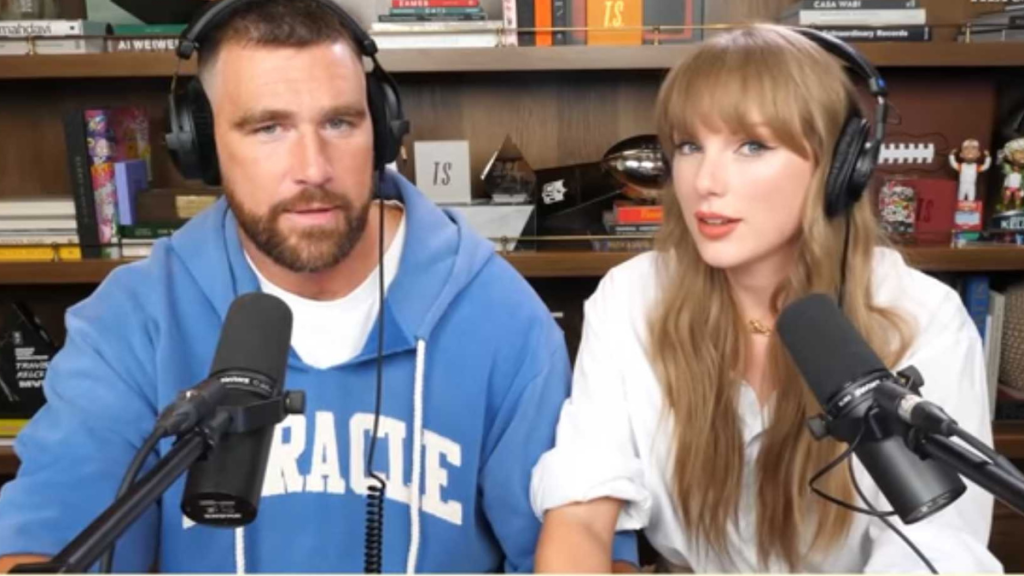 Travis Kelce and Taylor Swift on the New Heights podcast
