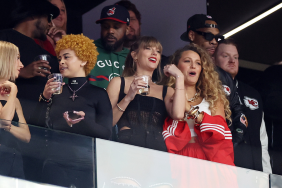 Rapper Ice Spice, singer Taylor Swift and actress Blake Lively react before Super Bowl LVIII between the San Francisco 49ers and Kansas City Chiefs at Allegiant Stadium on February 11, 2024 in Las Vegas, Nevada.