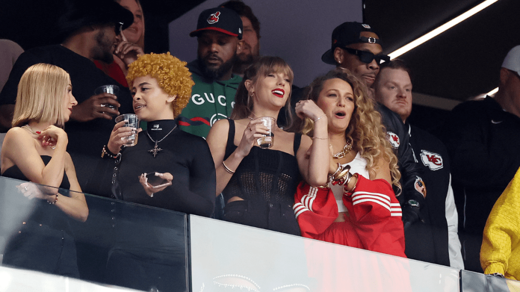 Rapper Ice Spice, singer Taylor Swift and actress Blake Lively react before Super Bowl LVIII between the San Francisco 49ers and Kansas City Chiefs at Allegiant Stadium on February 11, 2024 in Las Vegas, Nevada.