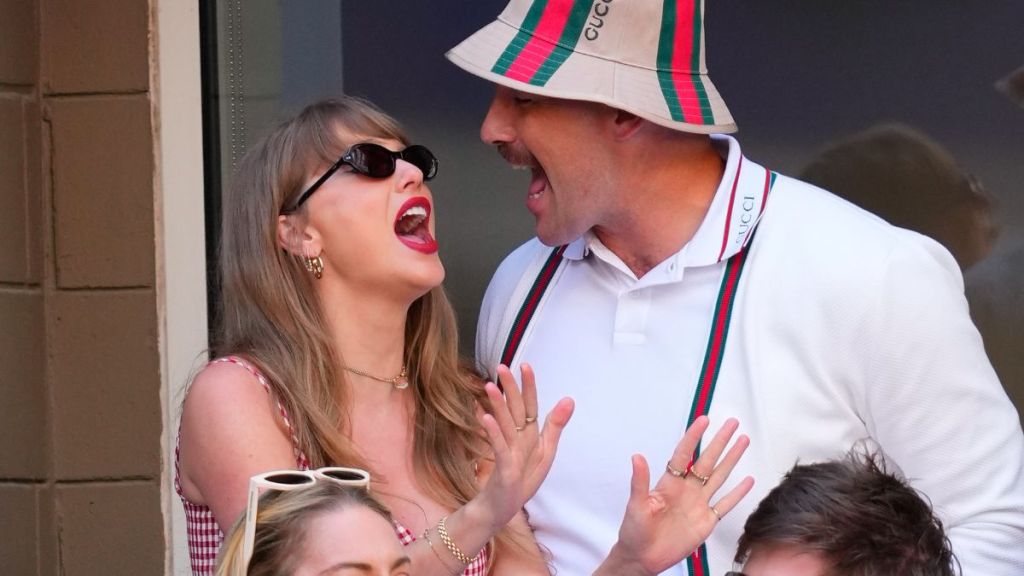 Taylor Swift and Travis Kelce are seen at the Men's Final between Fritz and Sinner at the 2024 US Open Tennis Championships on September 08, 2024 in New York City.