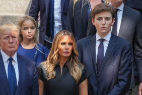 Donald Trump, Melania Trump and Barron Trump are seen at the funeral of Ivana Trump on July 20, 2022 in New York City.