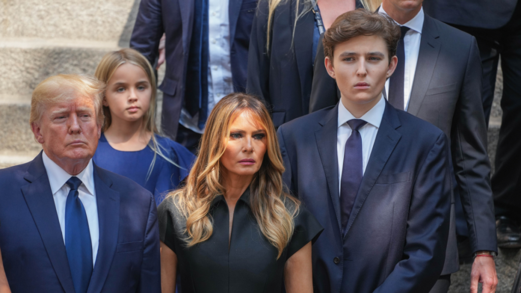Donald Trump, Melania Trump and Barron Trump are seen at the funeral of Ivana Trump on July 20, 2022 in New York City.