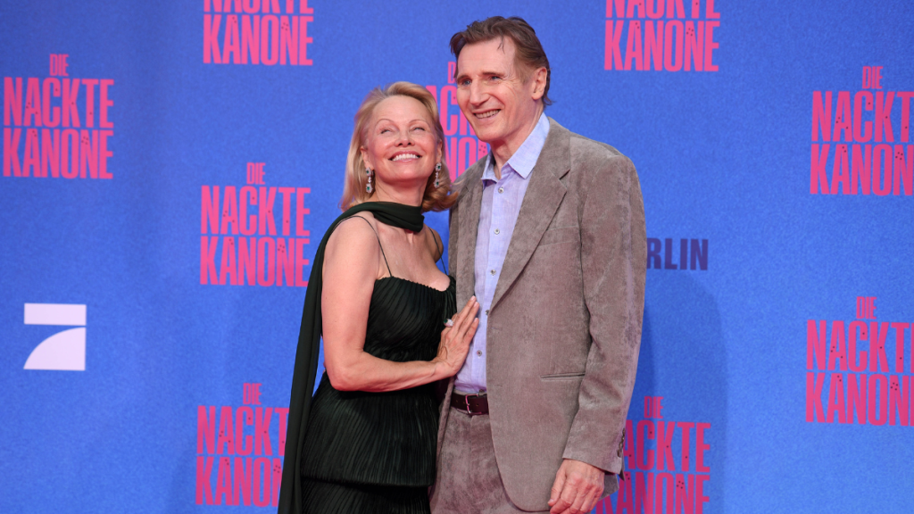 US actress Pamela Anderson and british-irish actor Liam Neeson attend the Berlin premiere of the movie "The Naked Gun" (German Title: Die Nackte Kanone) at UCI Luxe East Side Gallery on July 24, 2025 in Berlin, Germany.
