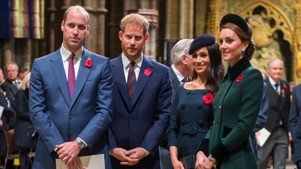 Prince William, Duke of Cambridge and Catherine, Duchess of Cambridge, Prince Harry, Duke of Sussex and Meghan, Duchess of Sussex attend a service marking the centenary of WW1 armistice at Westminster Abbey on November 11, 2018 in London, England
