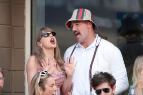Taylor Swift sings with Travis Kelce during the men's final on day fourteen of the 2024 US Open Tennis Championships at the USTA Billie Jean King Tennis Center on September 8, 2024 in Flushing Meadows, Queens, New York City