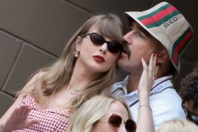 Taylor Swift and Travis Kelce attend the men's final on day fourteen of the 2024 US Open Tennis Championships at the USTA Billie Jean King Tennis Center on September 8, 2024 in Flushing Meadows, Queens, New York City