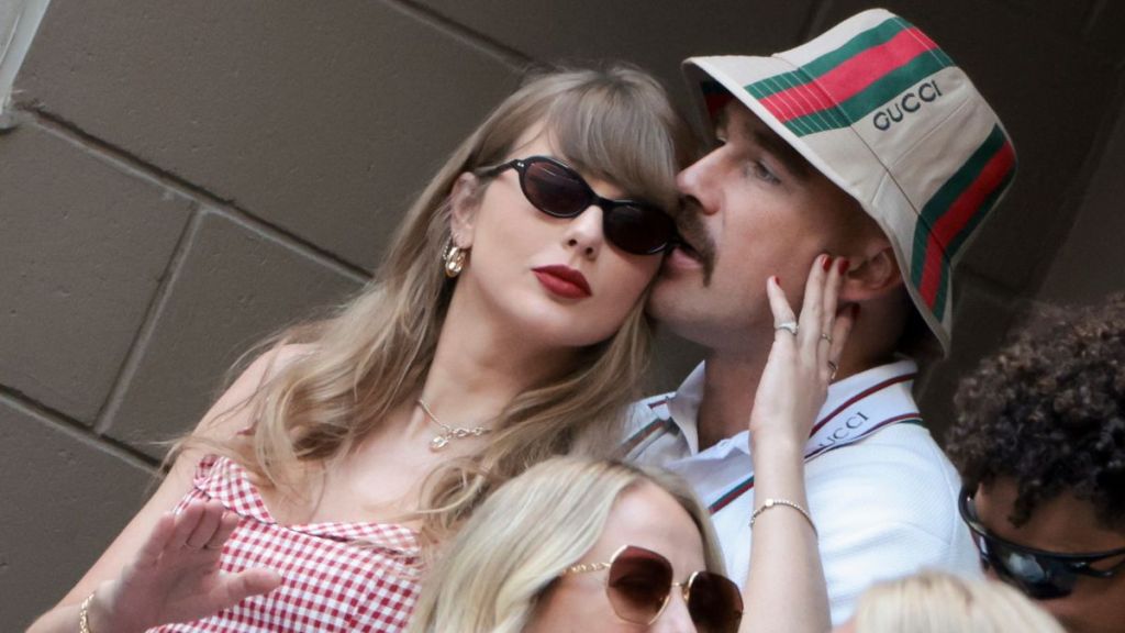 Taylor Swift and Travis Kelce attend the men's final on day fourteen of the 2024 US Open Tennis Championships at the USTA Billie Jean King Tennis Center on September 8, 2024 in Flushing Meadows, Queens, New York City