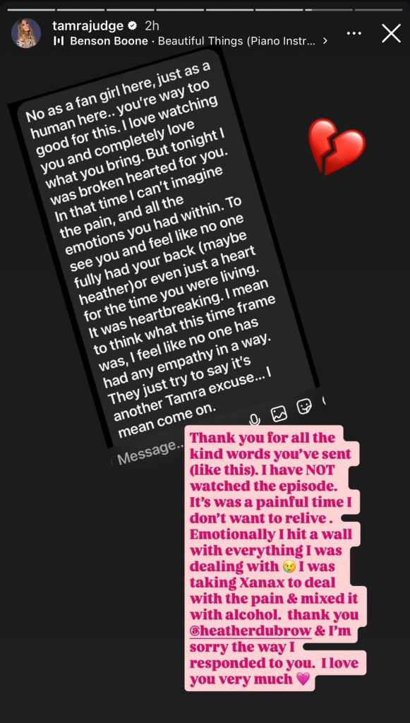 A screenshot from Tamra Judge's Instagram Story explaining her behavior on Real Housewives of Orange County 